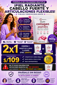 OFERTA SOLO POR HOY! 
Multi Colágeno Premium Péptidos 
2 bolsas de 900 GRAMOS 
¡Paga 1 y llévate 2!